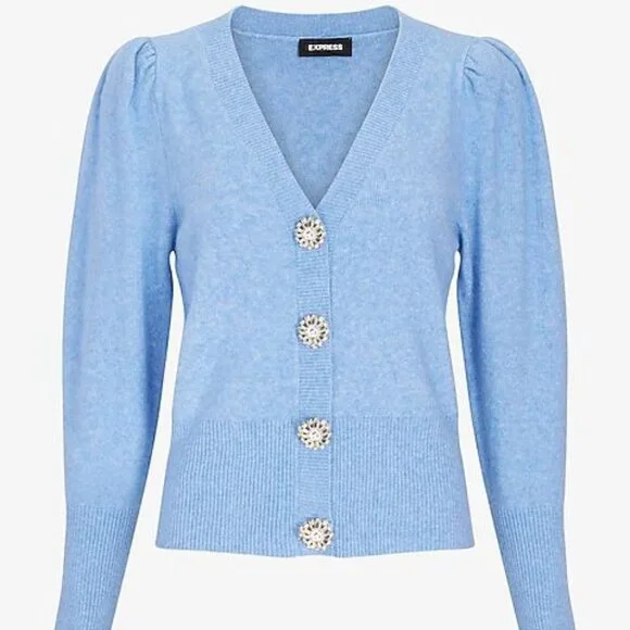 Express Jewel Embellished Faux Button Puff Sleeve Sweater Blue V-neck - Picture 2 of 10
